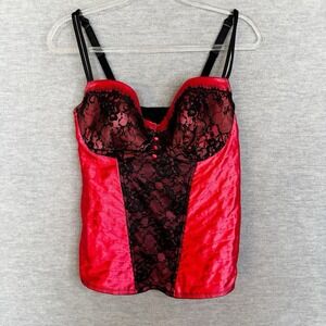 Cacique Corset Women‎ Size 18/20 Red Satin Black Lace Bustier Lingerie Underwire